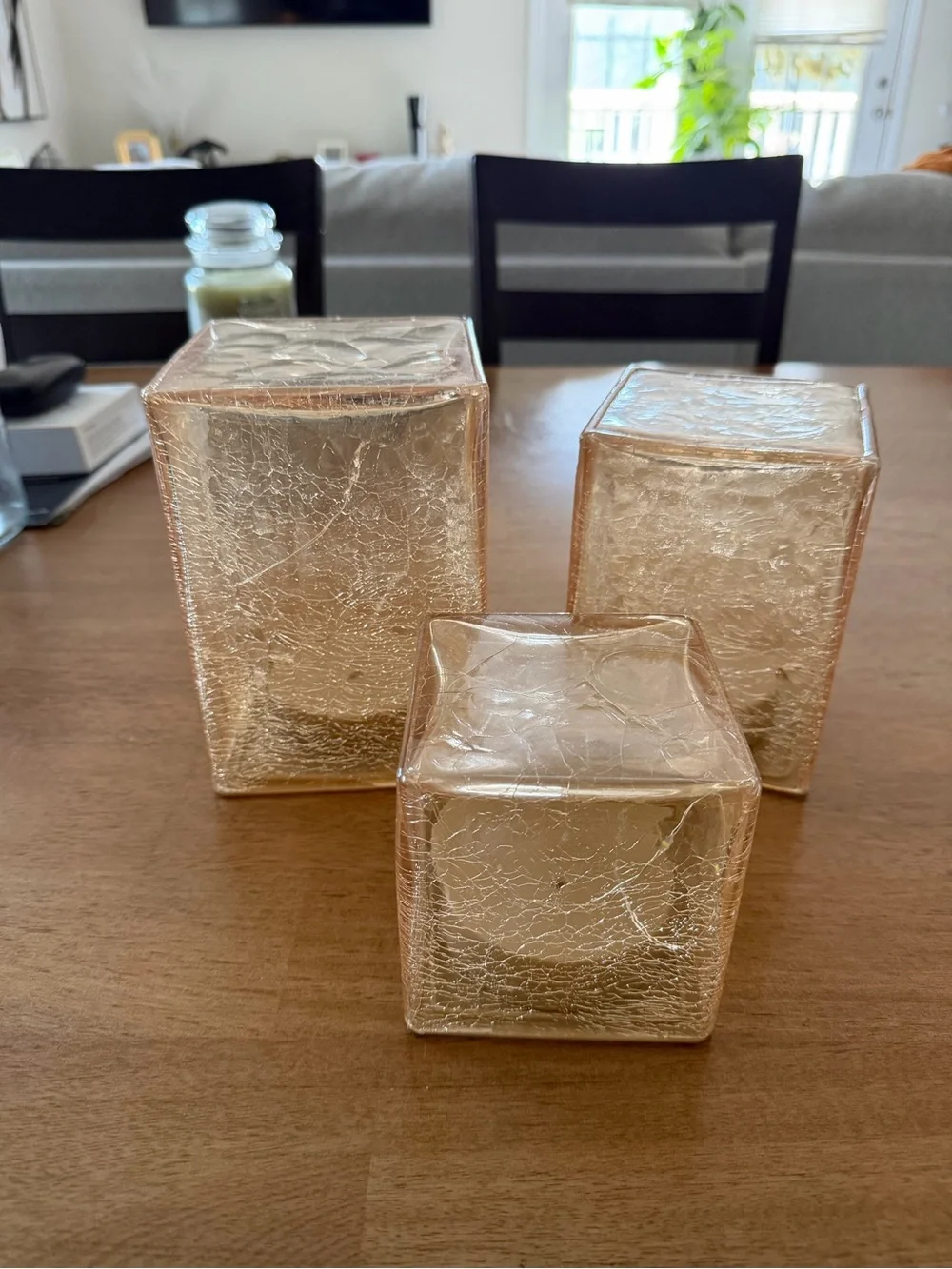 Gold Crackle Glass Cube Candle Holders - Set of 3